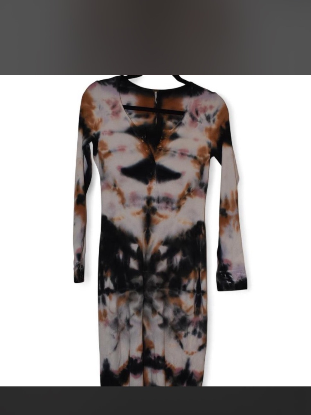 Tie-Dye Long Sleeve V-Neck Midi Dress in Black & Brown - Picture 2 of 2